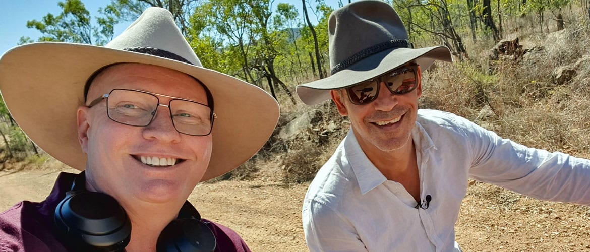 Dave and a television host between takes