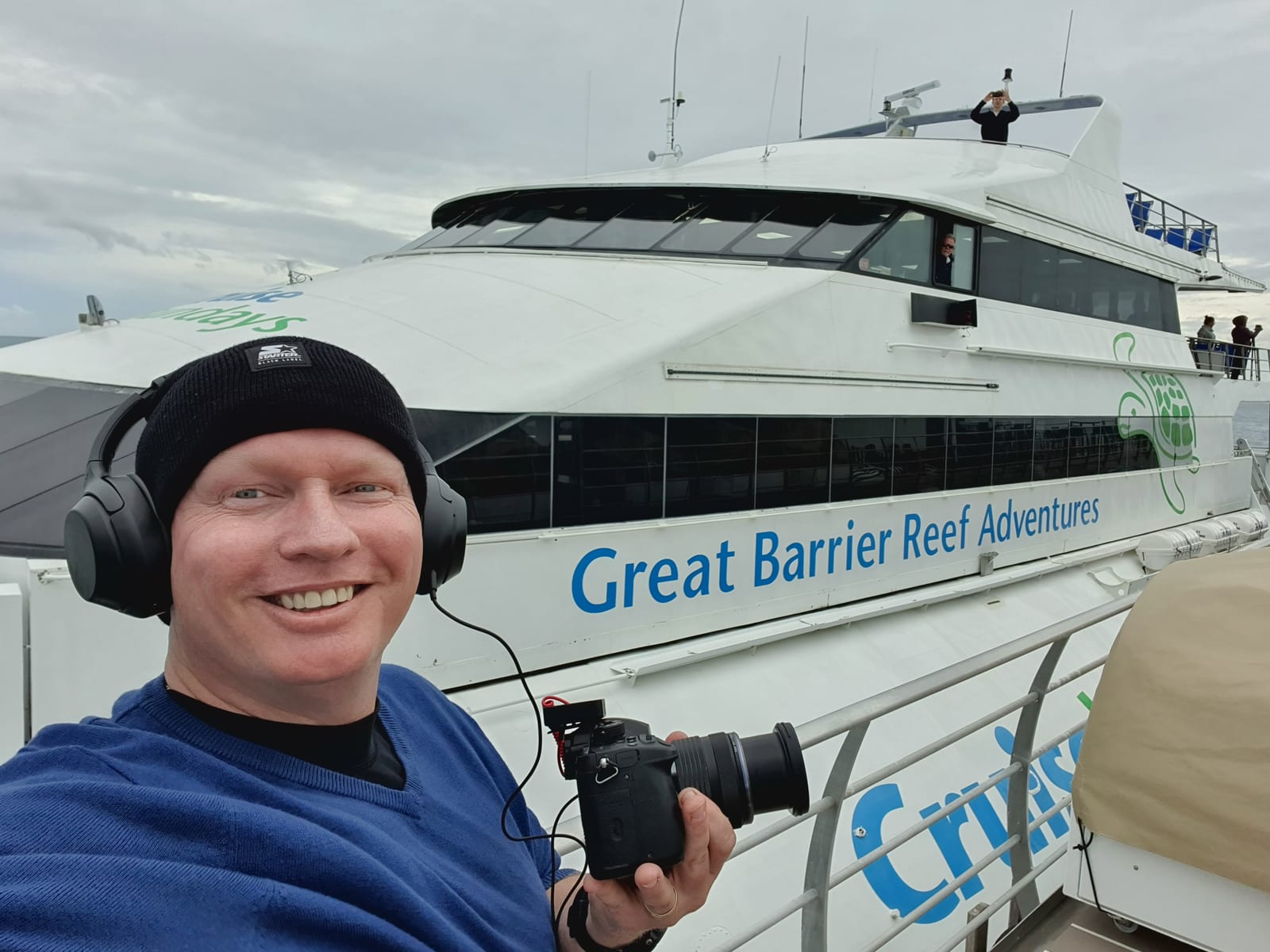 Dave filming aboard a Great Barrier Reef vessel