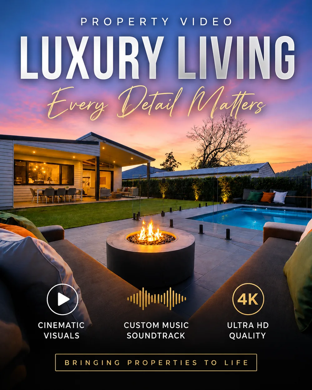 Luxury property video artwork featuring the Brisbane home, cinematic visuals and a custom music soundtrack