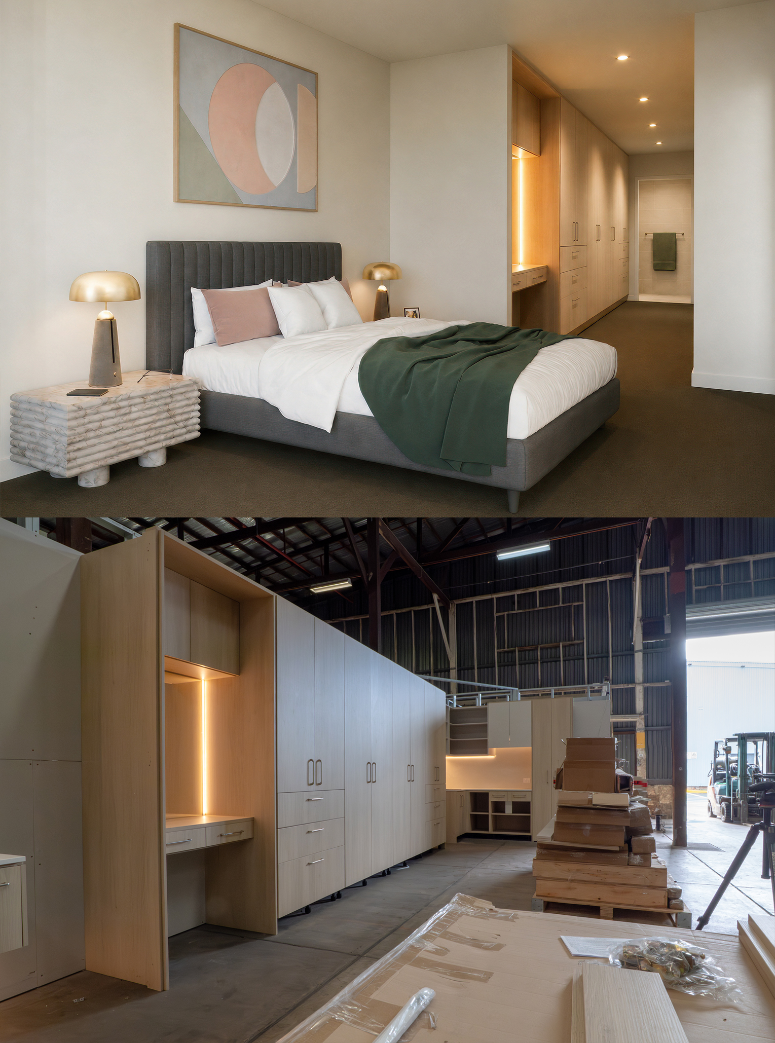 Before and after comparison of the Magnolia House bedroom prototype and photorealistic finished room