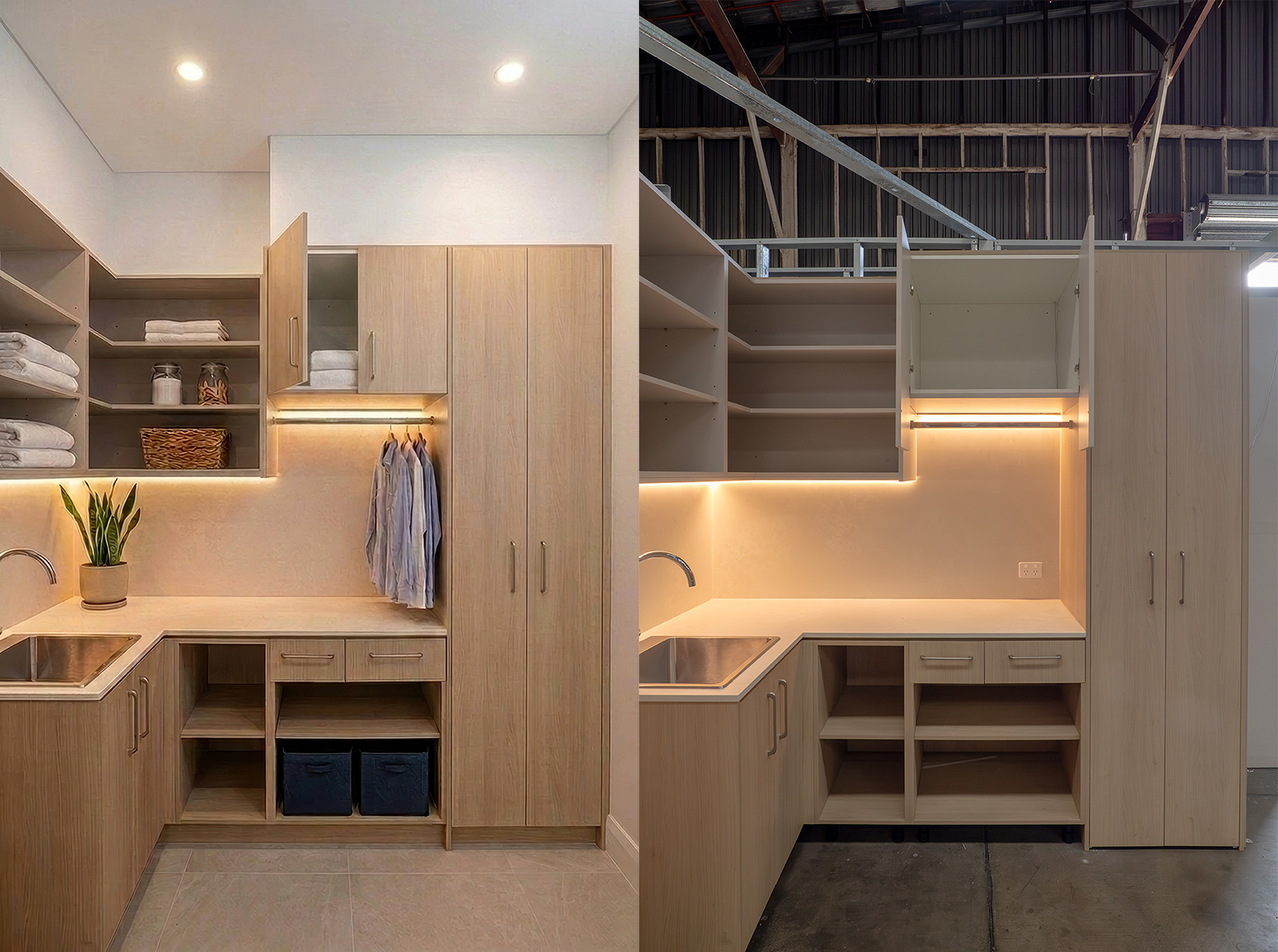Before and after comparison of the Magnolia House laundry prototype and completed marketing image