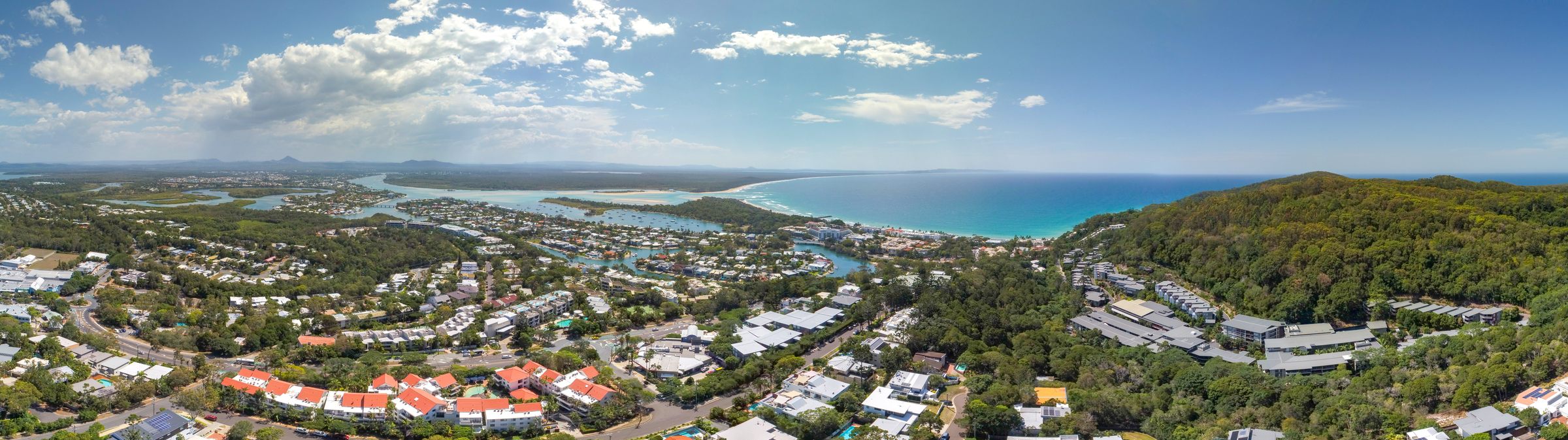 Aerial panorama across Noosa and the Queensland coastline
